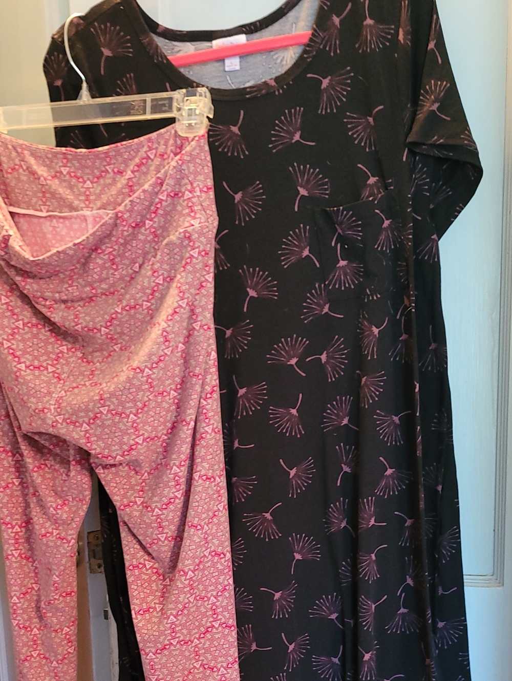 LuLaRoe Black Dress with Pink Floral Motif & Pink Patterned LulaRoe Leggings